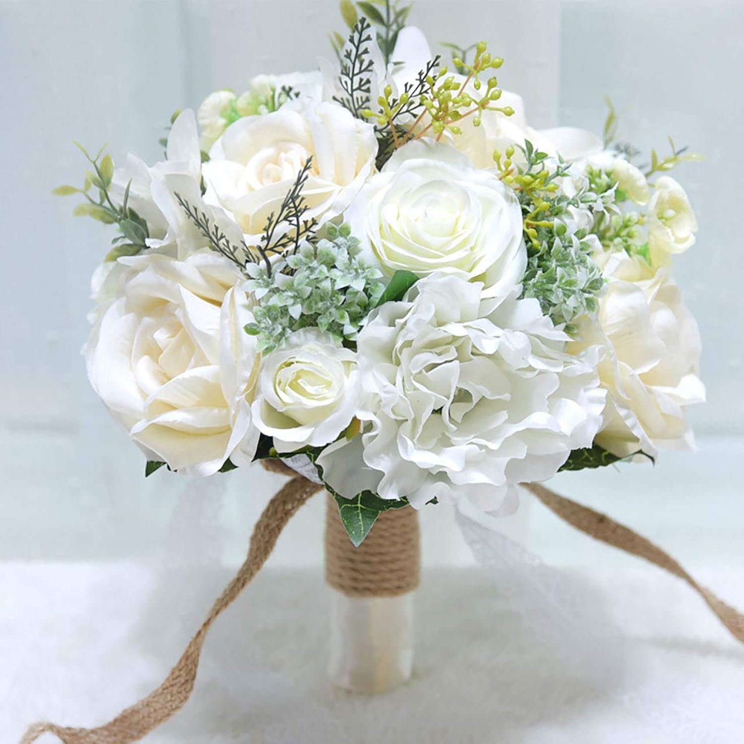 9.8" Bridal Holding Wedding Bouquet Real-Looking Mixed Flowers Ivory Greenery Bridal Throw Bouquet For Brides Bridesmaid Wedding Hold Flower, Ivory
