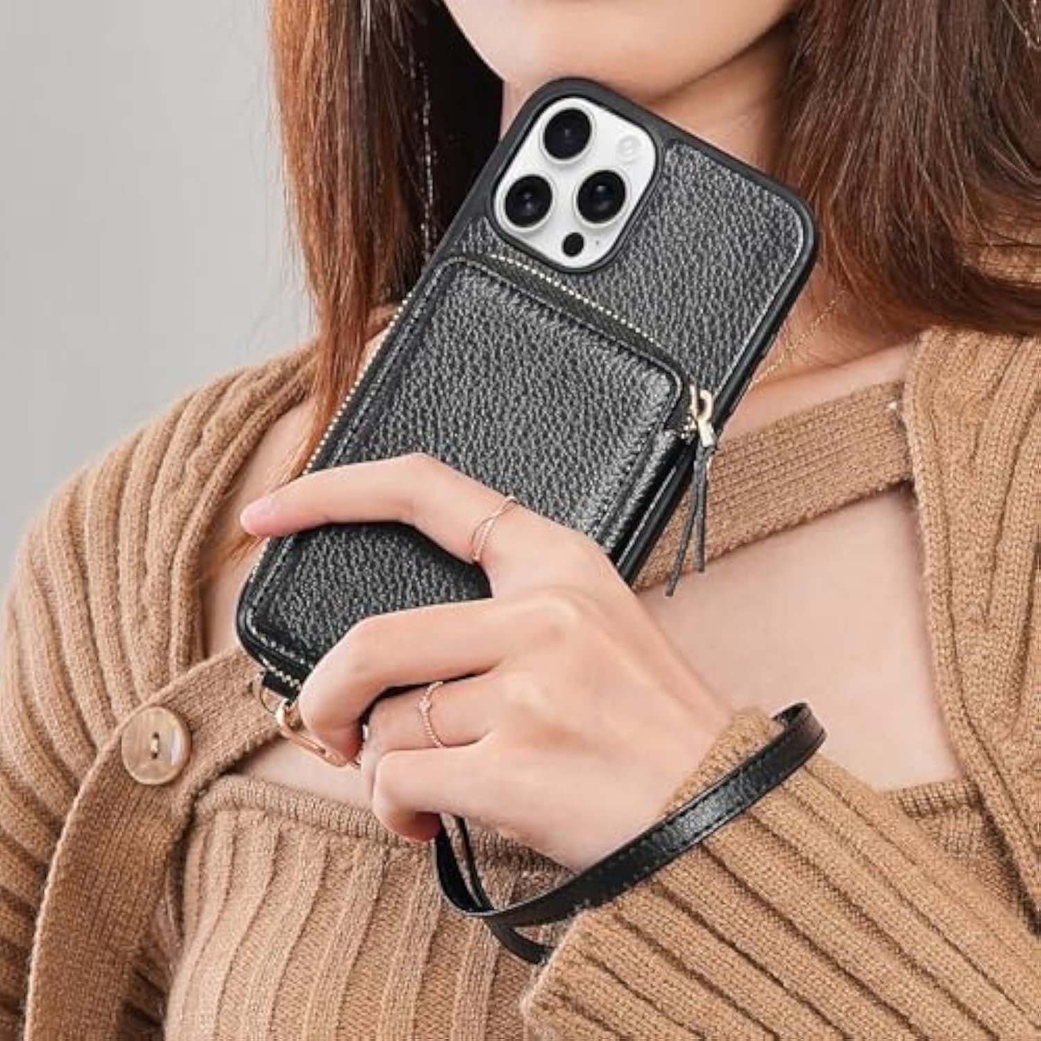 For 12 Pro Max Crossbody Wallet Case, Zipper Phone Case With Card Holder Wrist Strap For Women, Rfid Blocking Purse Cover For 12 Pro Max, 6.7 Inch, 2020-Black
