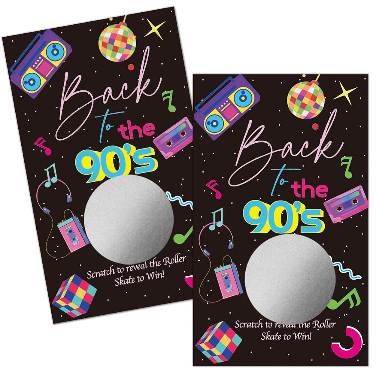 50 Pack Back To The 90S Theme Scratch Off Game, Retro Earphone Roller Skate Scratch Card For Baby Shower Birthday Party Lottery Group Games Enterprises Activity, Baby Shower Activity And Idea