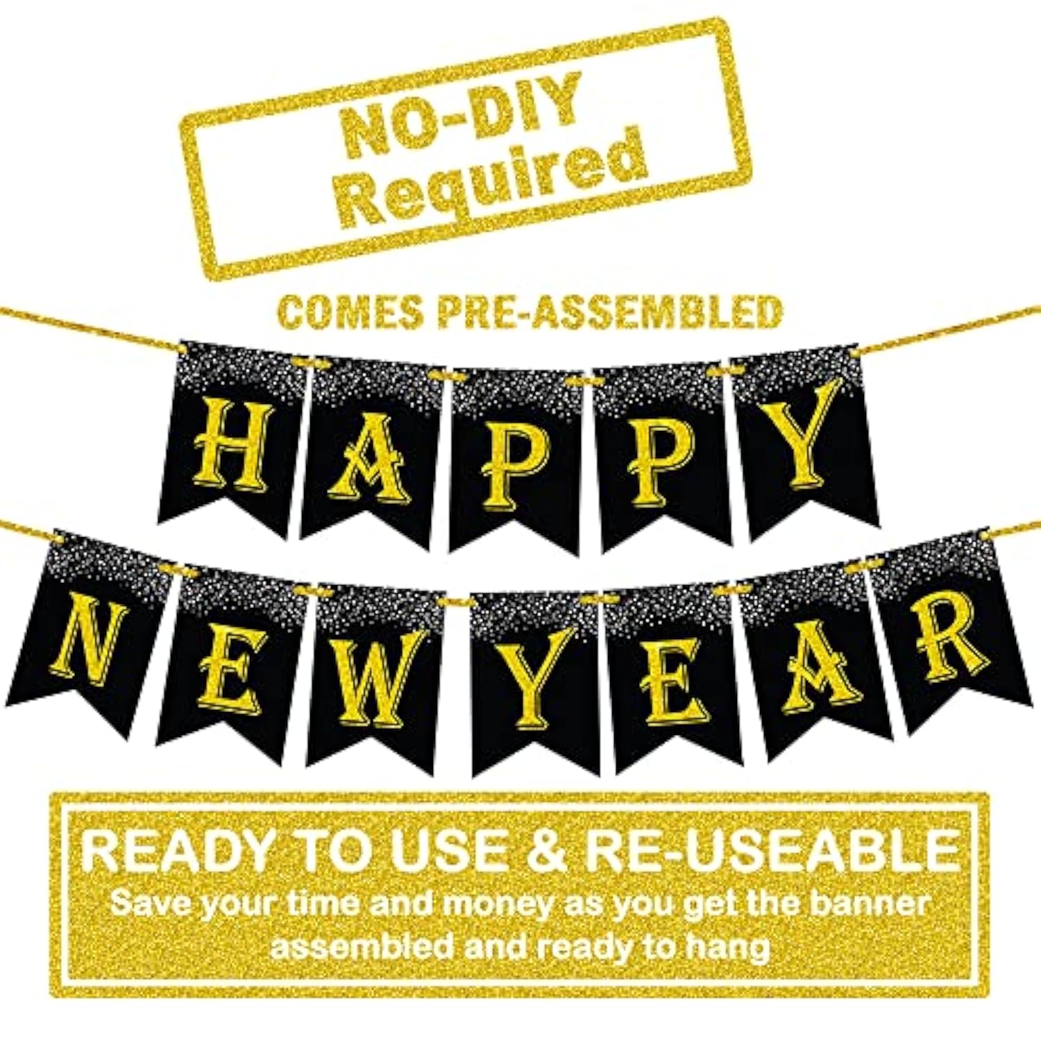 10 Ft Black Gold Happy New Year Banner 2026 for Party and NYE Decorations