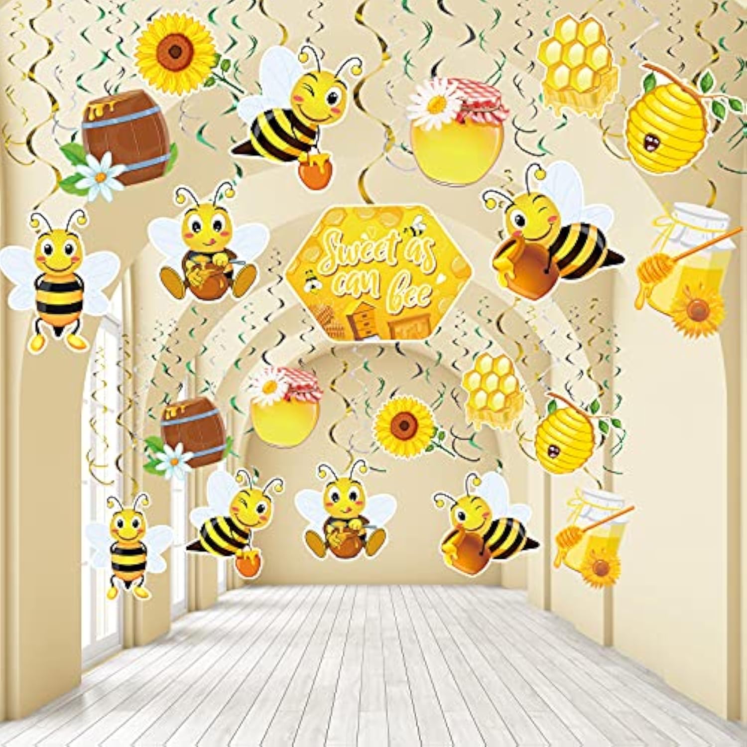 30 Pcs Bee Hanging Swirl Decorations, Hive Hanging Swirls Honey Hive Foil Ceiling Streamers Bee Themed Baby Shower Gender Reveal Supplies For Kids Birthday Decoration