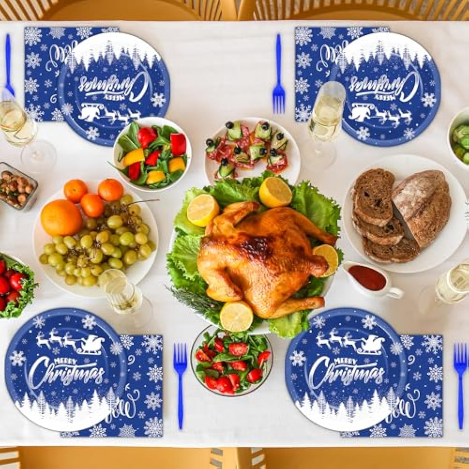 200Pcs Christmas Plates And Napkins Blue Merry Christmas Tableware Set Let It Snow Reindeer Snowflakes Dinnerware Set For Xmas Party Decorations Winter Holiday Birthday Party Serve 50 Guests