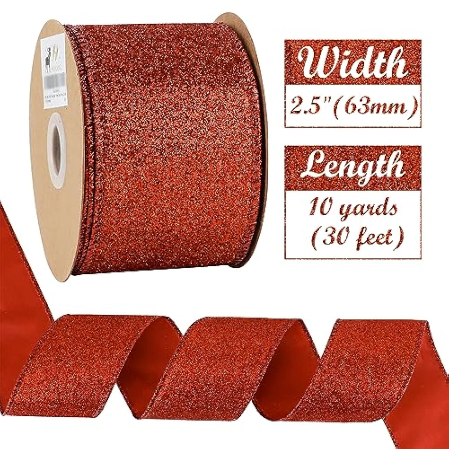 Red Christmas Ribbon Wired 2-1/2" Sparkle Metallic Glitter Wire Ribbon For Tree, Bows Making, Wreath Supplies, Gift Wrapping, Garland, Home Decor, Crafts -10 Yards