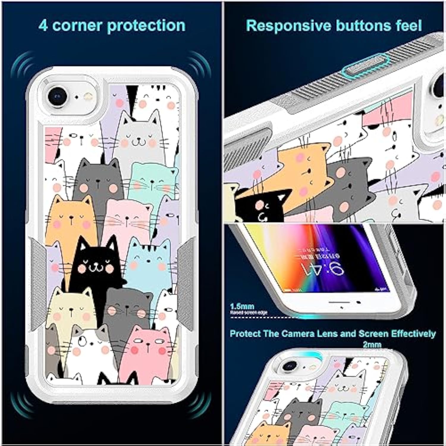 Cute Funny Cats Pattern Hybrid Dual Layer Defender Case for iPhone SE 2022, iPhone 7, iPhone 8, and iPhone SE 2020