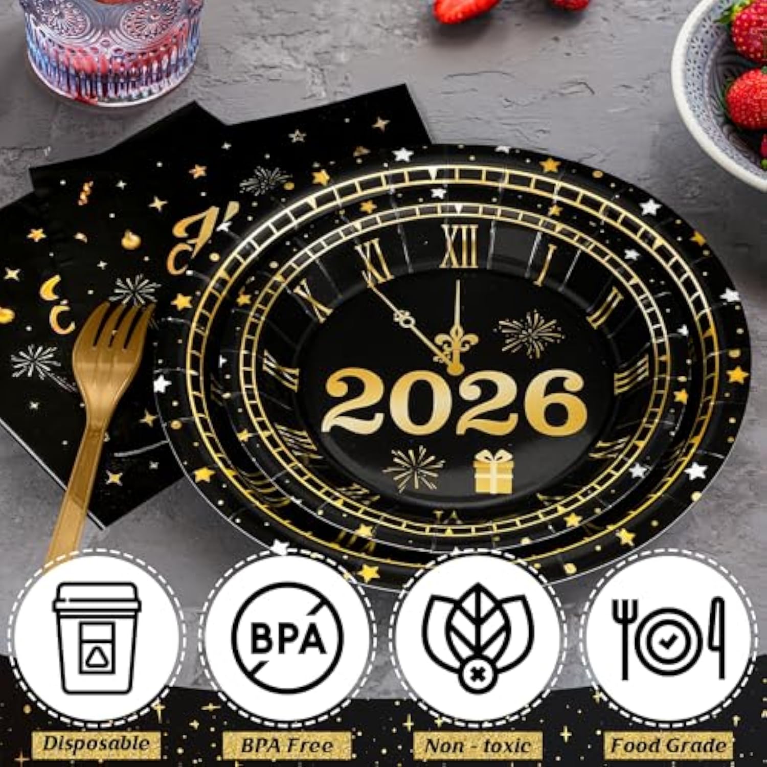 96 Pcs Happy New Year Plates And Napkins, 2026 Nye Plates Black Gold With Clock Design, Disposable Dinnerware Set Include Plate, Napkins, Fork, Happy New Year Plate For Eve Party Supplies Serves 24