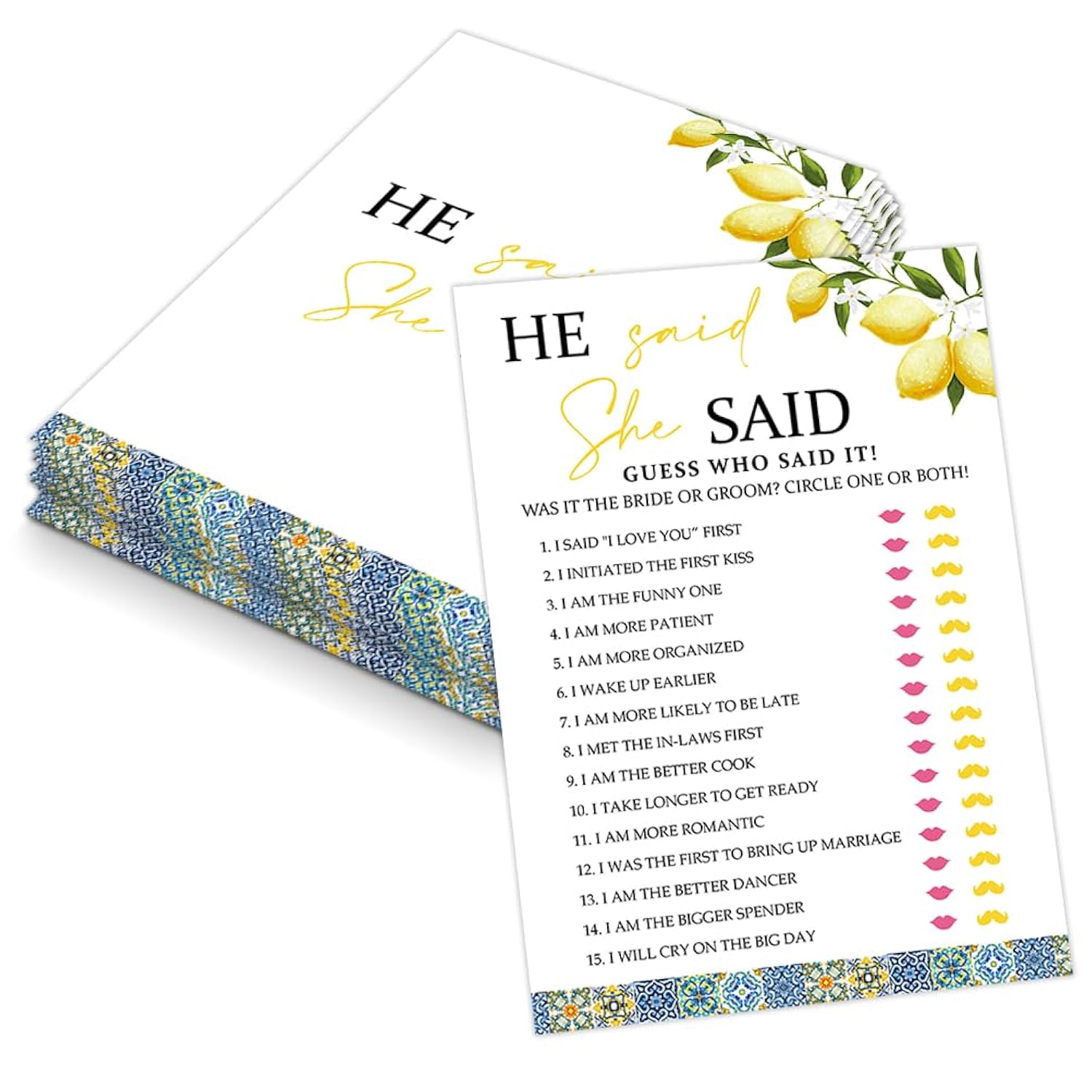 Blue Tiles And Lemons He Said She Said Game For 30 Guests With Game Cards, Lemons Bridal Shower Game, Modern Bridal Shower Decorations, Wedding Shower Or Bachelorette Party Supplies - 02