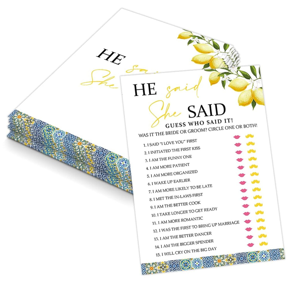 Blue Tiles And Lemons He Said She Said Game For 30 Guests With Game Cards, Lemons Bridal Shower Game, Modern Bridal Shower Decorations, Wedding Shower Or Bachelorette Party Supplies - 02