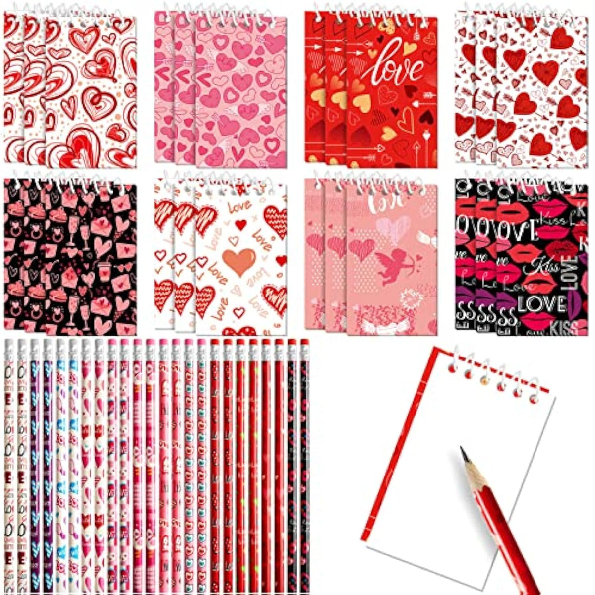 48 Pieces Mini Valentines Day Notepads Valentines Pencils Set Heart Spiral Notebooks Holiday Decoration Party Favors Supplies Goodie Bag Stuffers For Classroom School