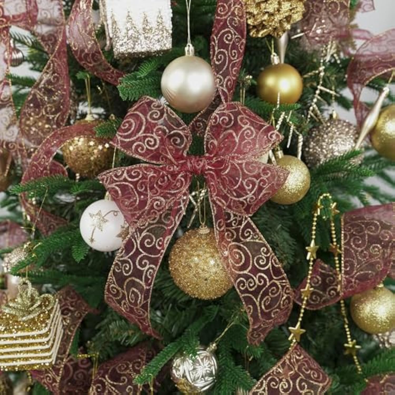 Red Gold Swirl Wired Ribbon 2.5 Inch Dark Red Sheer Ribbon With Gold Swirl Glitter Wired Ribbon Organza Sheer Ribbon 25 Yards Burgundy Sheer Christmas Ribbon For Christmas Tree, Wreath Bow