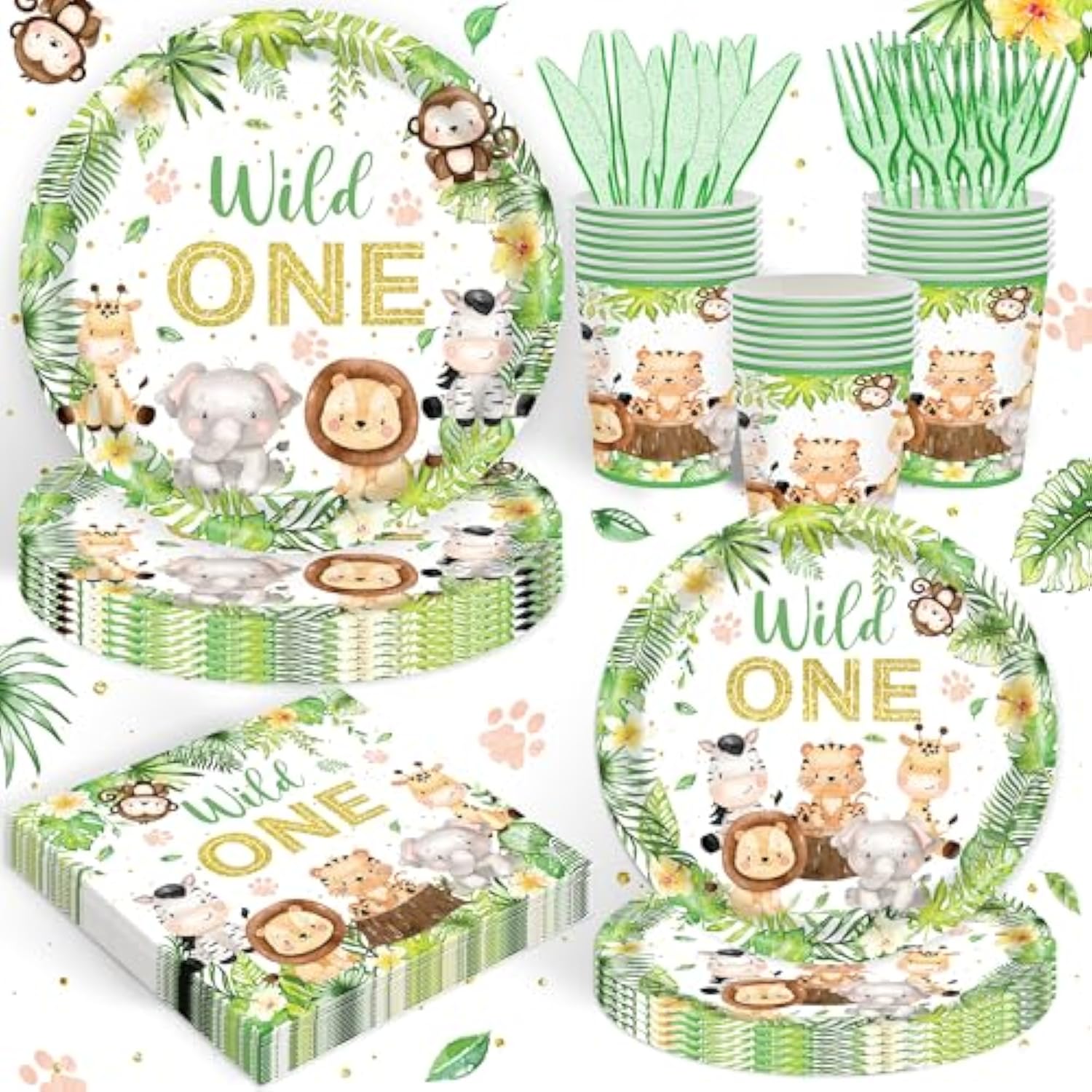 120Pcs Wild One Party Supplies For Boys 1St Kids First Birthday Party Jungle Animal Safari Decorations Woodland Themed Tableware Set Plates Napkins Cups Set For 20 Guests