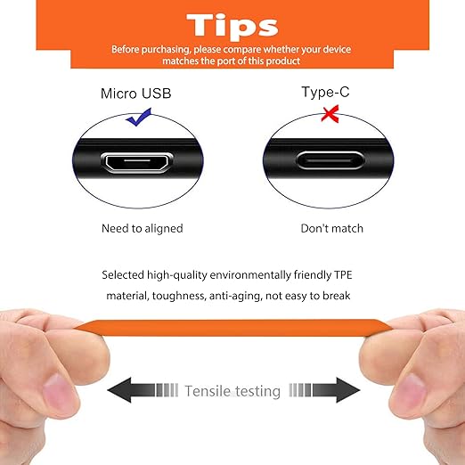 Fast Charging Power Cable for Video Doorbell Camera Battery Replacement Orange