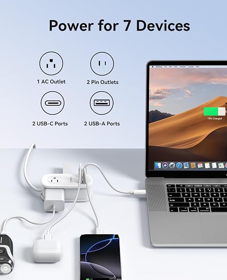 65W GaN Travel Power Strip 3 Outlets 4 USB Ports USB C 4FT Flat Plug Extension Cord White