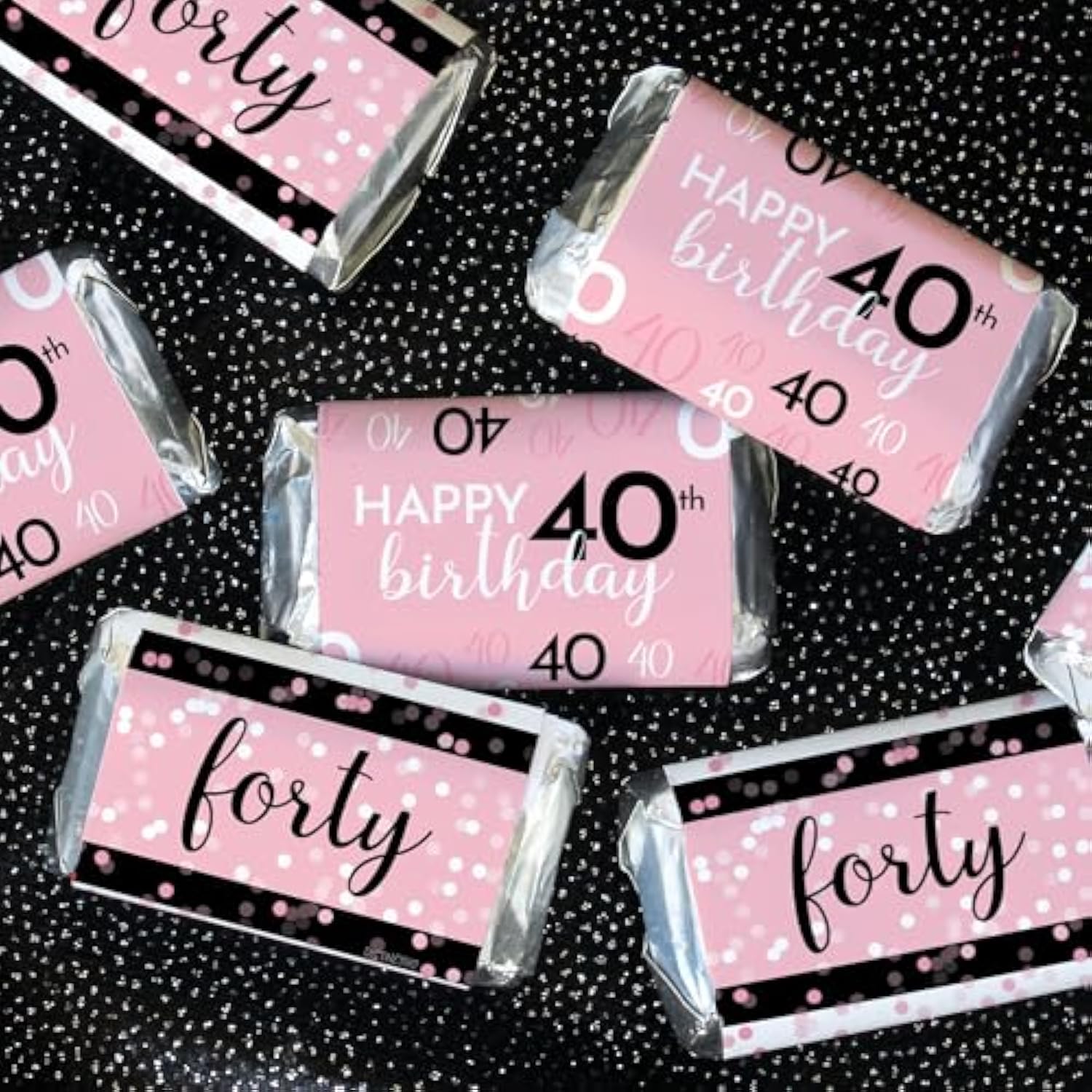 Pink, Black, And White 40Th Birthday Party Mini Candy Bar Wrappers - 42 Count, Pink Birthday Decorations For Women