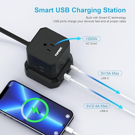 Surge Protector Power Strip 5 Outlets 4 USB Ports 2 USB C 10FT Flat Plug Extension Cord Black