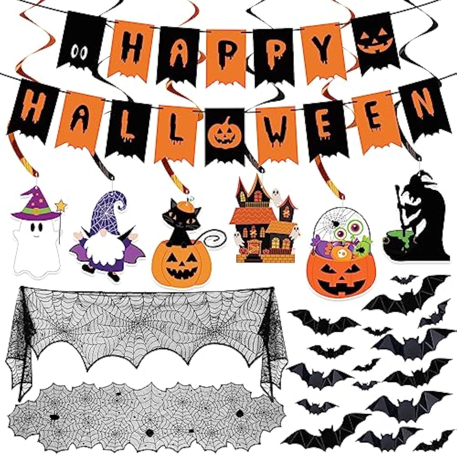 Halloween Decorations Indoor Set with Banner Hanging Swirls Table Runner Mantel Scarf Bats
