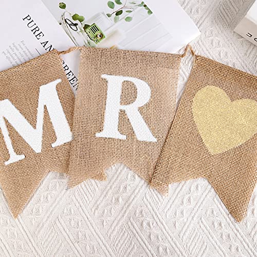 8 Pcs/Set MR and MRS Burlap Banner, Wedding Hanging Banner for Wedding Photo Props, Table or Backdrop Decorations
