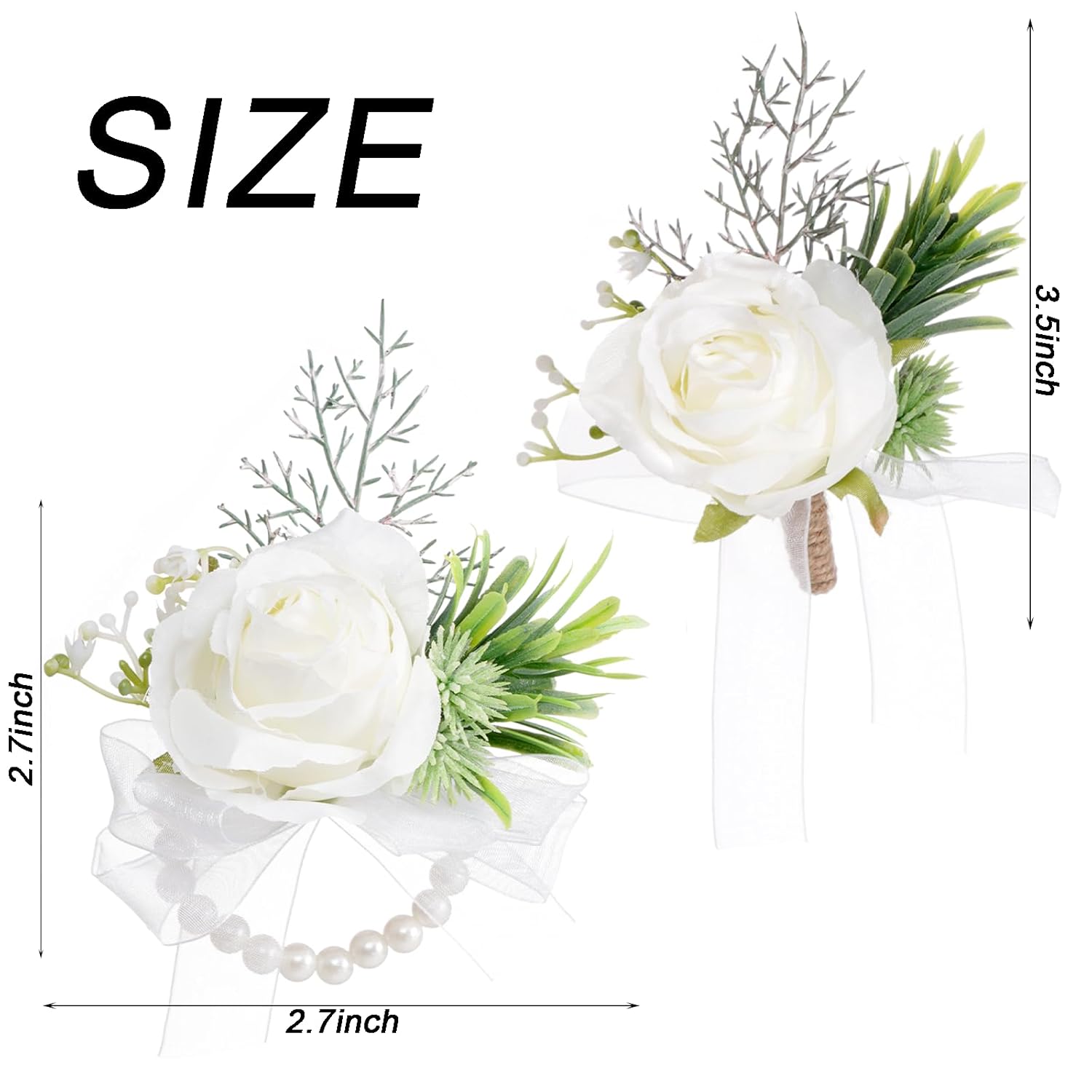2 Pcs White Corsage And Boutonniere Set Artificial Rose Corsage Writlet Band Faux Pearl Bracelet For Prom Decor And Boutonniere For Men Wedding Party Suit Flower Accessories
