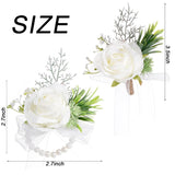 2 Pcs White Corsage And Boutonniere Set Artificial Rose Corsage Writlet Band Faux Pearl Bracelet For Prom Decor And Boutonniere For Men Wedding Party Suit Flower Accessories
