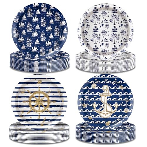 32 Pcs Nautical Anchor Paper Plates -7 Inch Nautical Disposable Navy Anchor Dessert Plates | Cruise Ship Party Decorations for Boys Birthday, Baby Shower, Sailor Boat Themed Party Supplies, 4 Styles