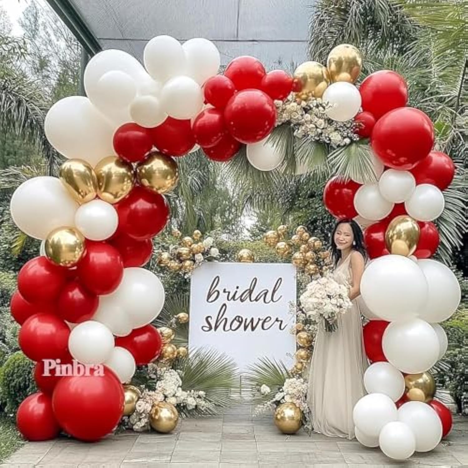 Red White Gold Balloon Arch Double Stuffed Red And White Balloons Matt