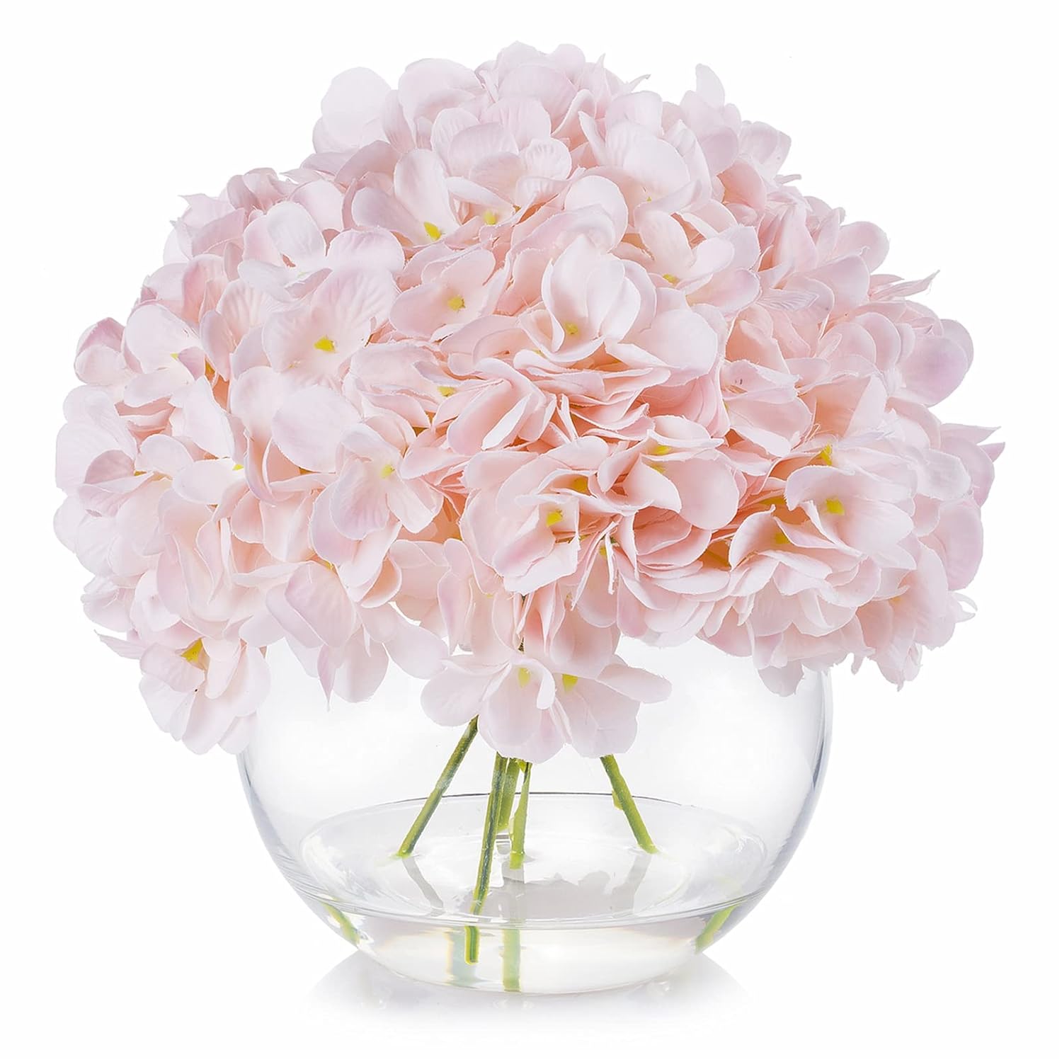 Silk Hydrangea Artificial Flowers In Vase With Faux Water, Pink Hydrangea Artificial Flowers With Vase Home Decor Indoor (Pink)