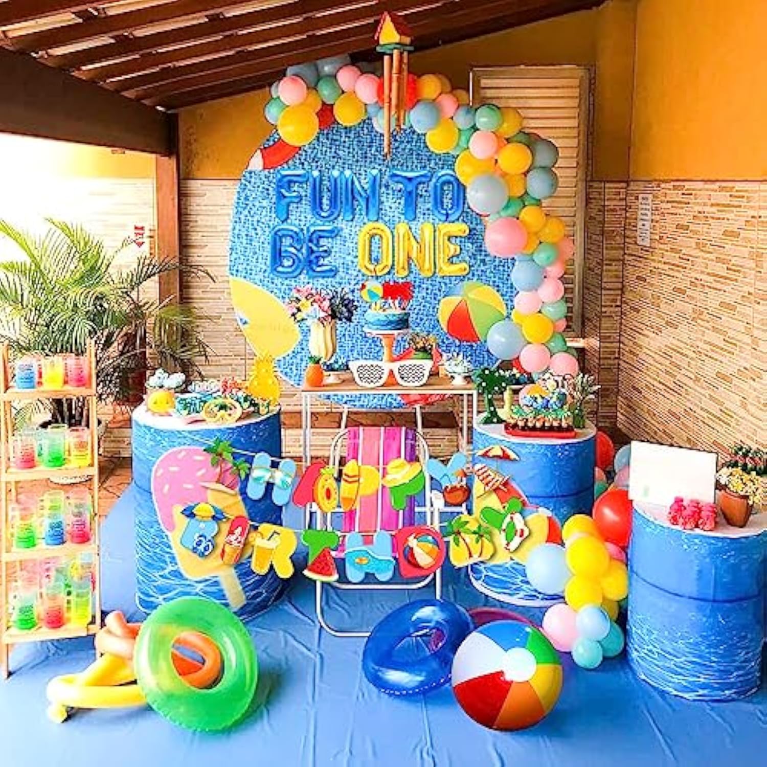 Fun to Be One Beach Party Décor, Pool Birthday Balloons & Beach Ball Cake Topper