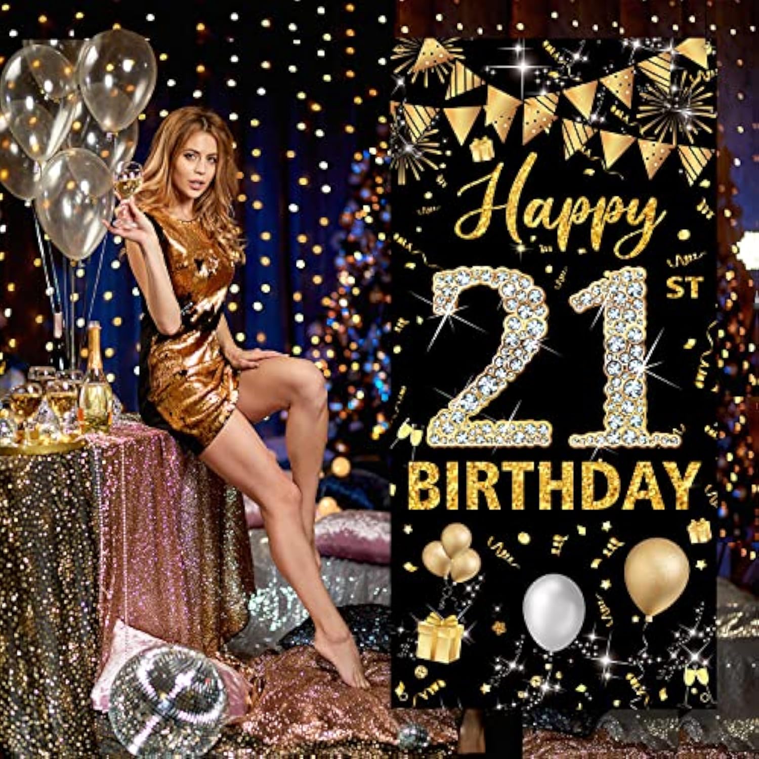 21st Birthday Door Banner: Black & Gold Party Decoration