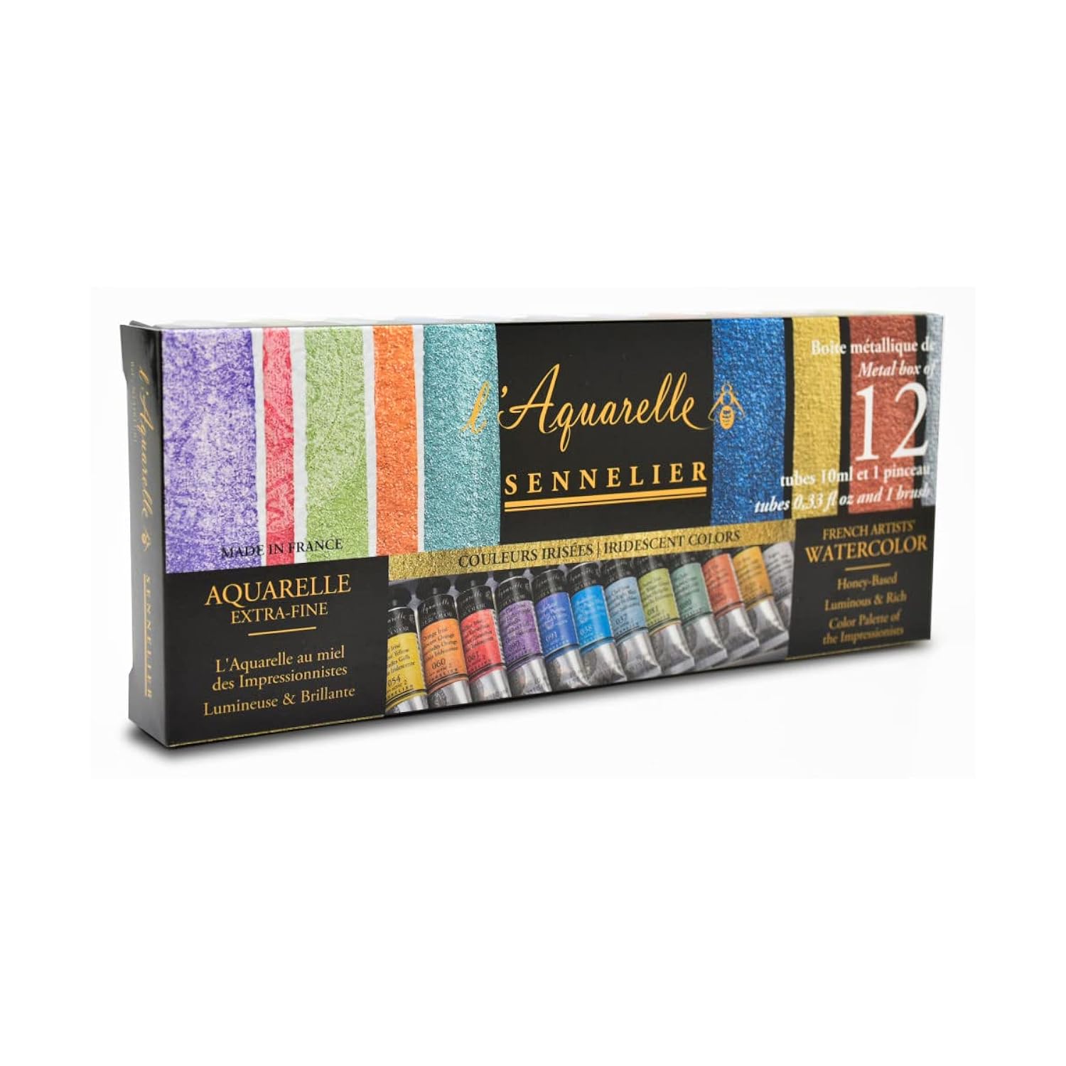 Sennelier French Artists' Watercolor Set, 10ml Tubes, 12-Color Iridescent Tin Set