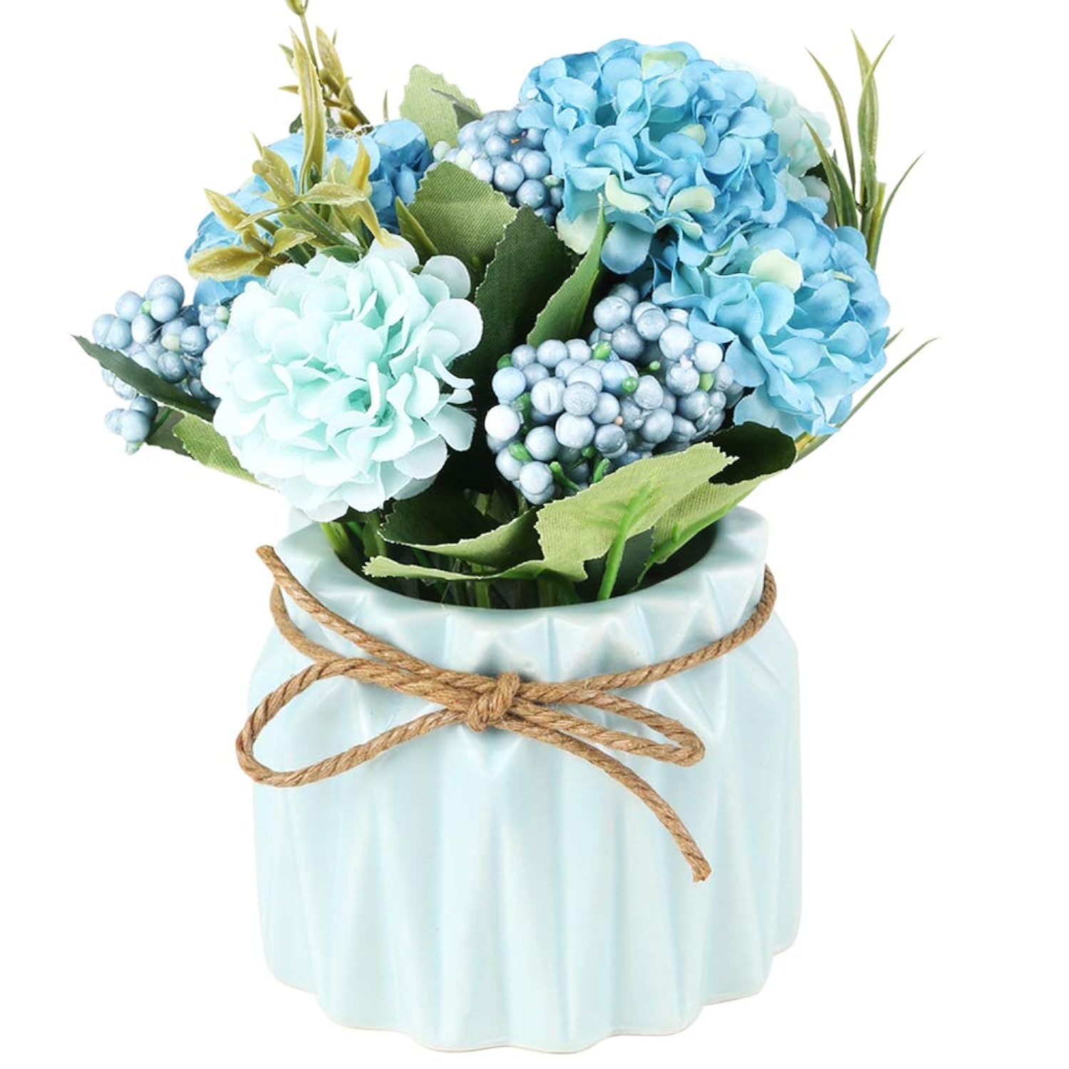 Artificial Hydrangea Bouquet With Small Ceramic Vase Fake Silk Variety Flower Balls Flowers Decoration For Table Home Party Office Wedding (White)