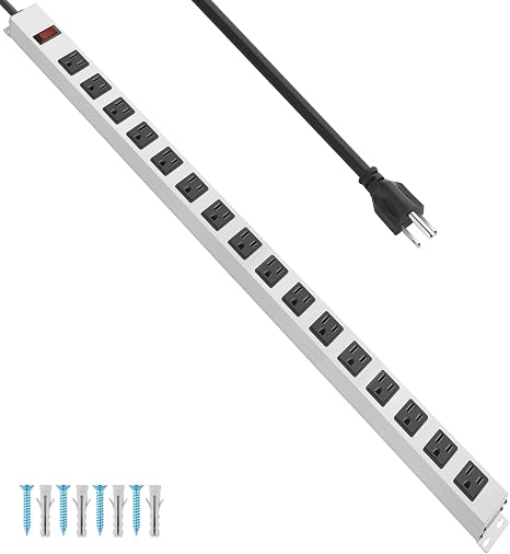 16 Outlet Metal Surge Protector Power Strip 10FT Cord Wide Spaced White