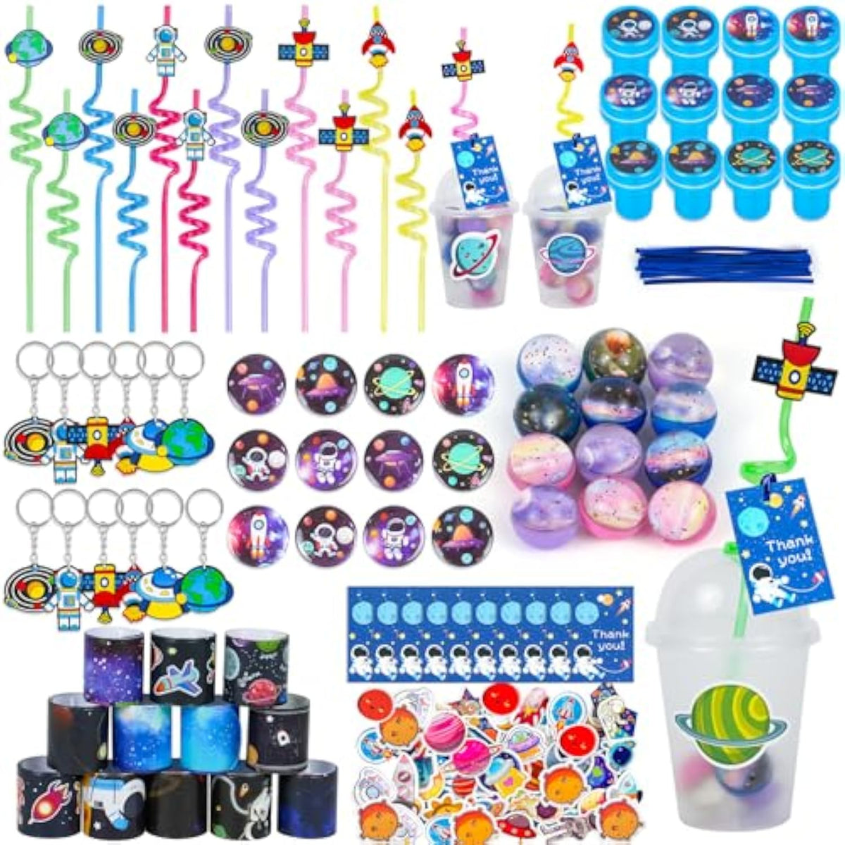 161 Pcs Space Party Favors With Cup Straws Stress Ball Space Pins Slap Bracelets Keychains Stamps Stickers Twist Ties And Gift Card For Kids Space Birthday Party Supplies (Style 1)