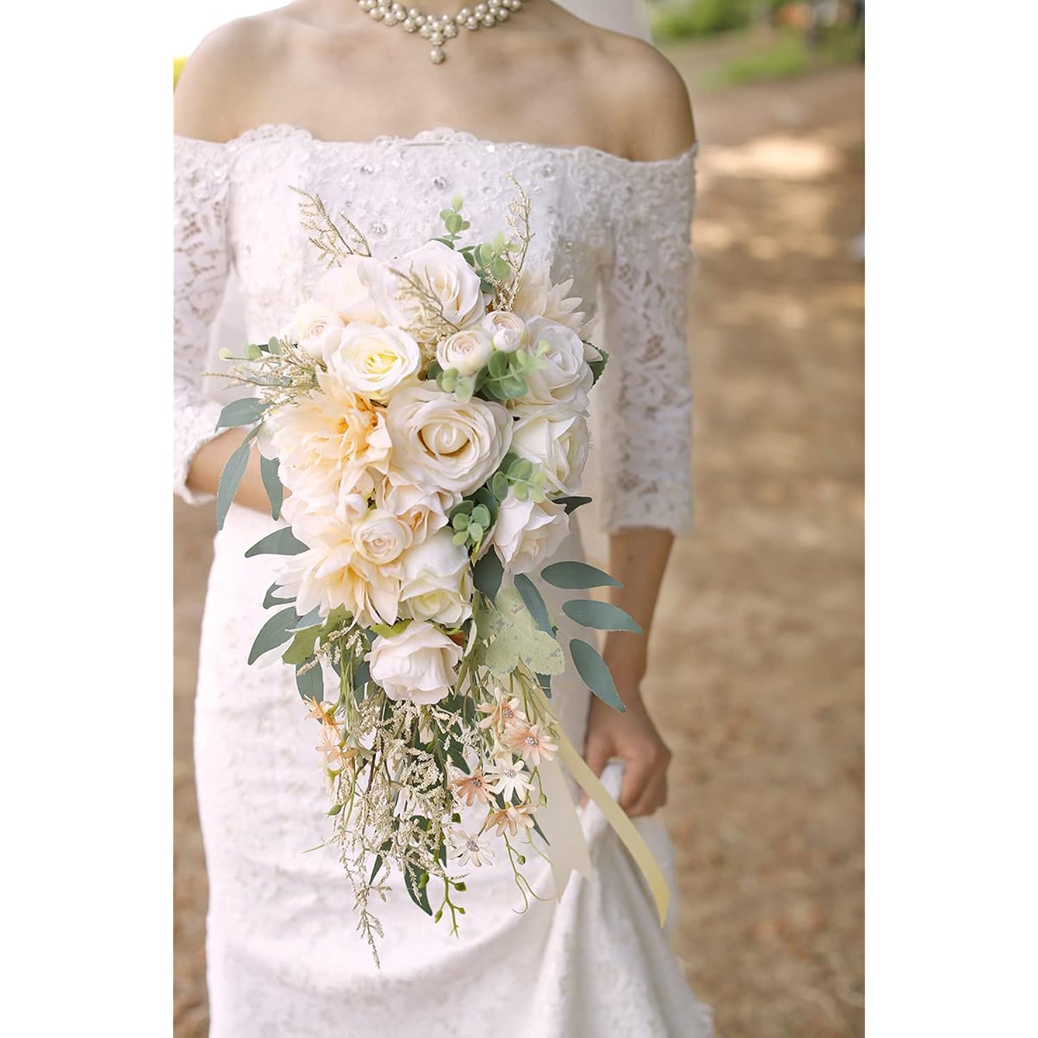 Cascading Bouquets For Bride Beige Rose Artificial Bridal Bouquet For Boho Rustic Wedding Ceremony Anniversary