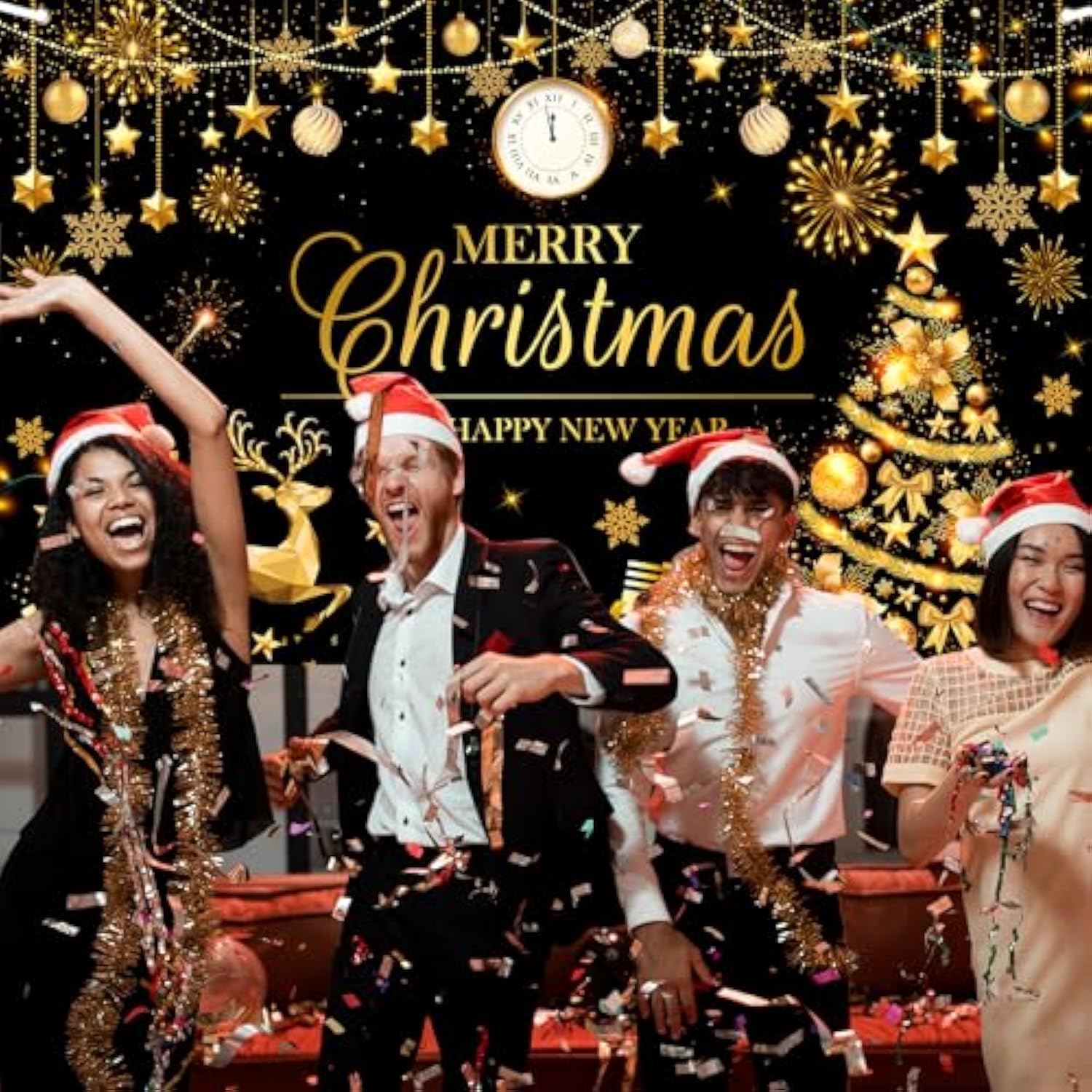 Merry Christmas Happy New Year Black and Gold Party Banner