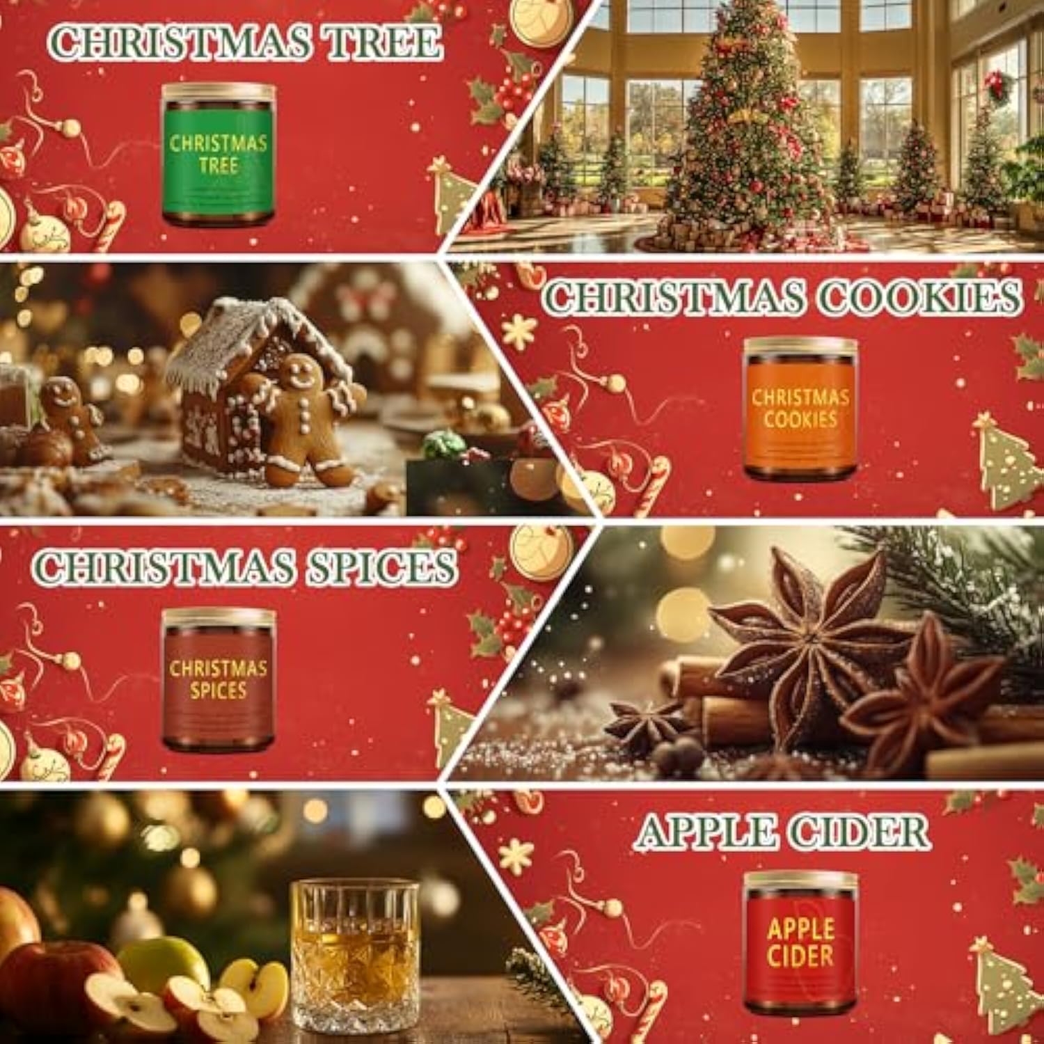 Christmas Candle Gift Set, 4 Pack 7 Oz Soy Scented Candles For Home, Holiday & Birthday Gift For Women & Men, Includes Christmas Tree, Cookies, Spices & Apple Cider, Winter Holiday Home Decor