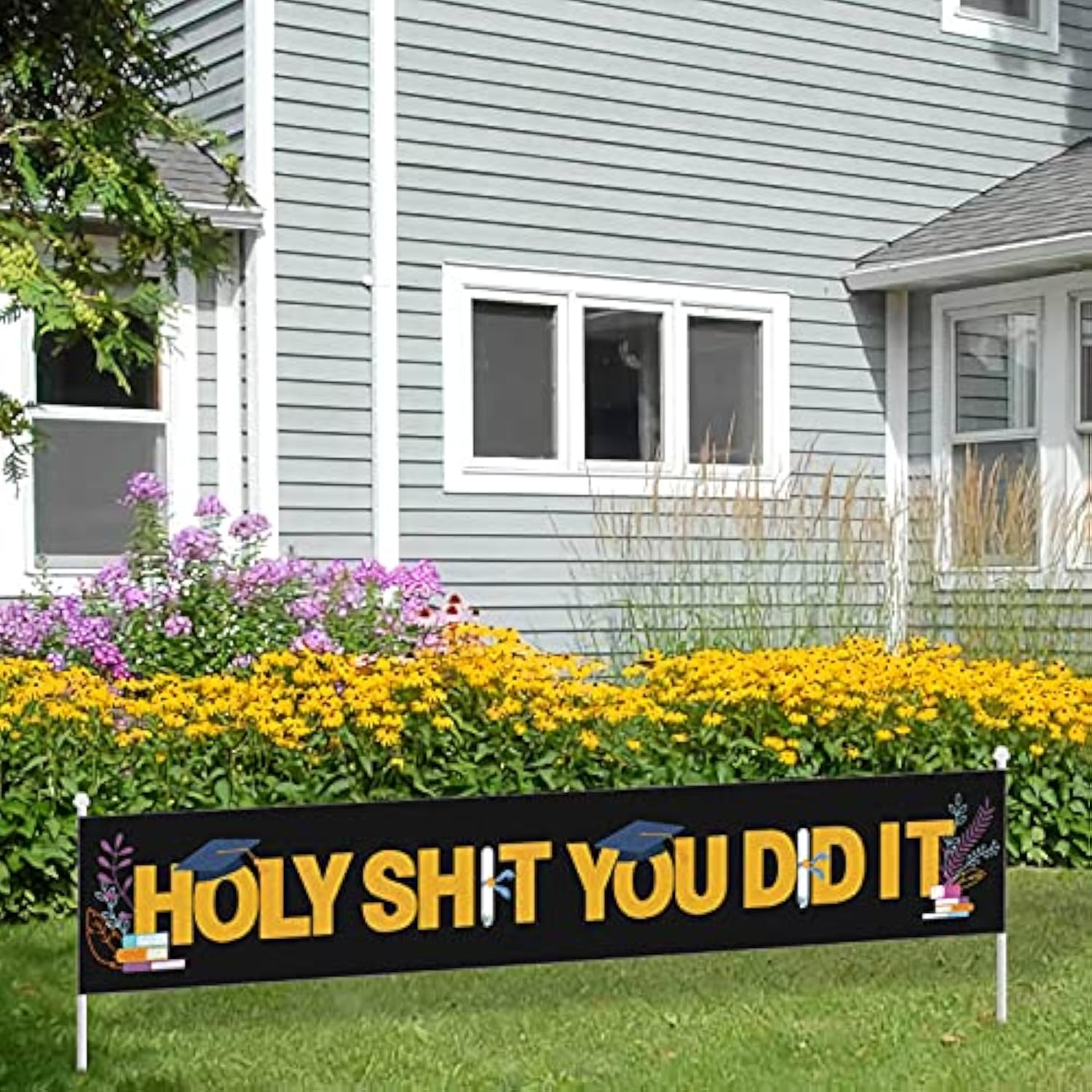 Holy Shit You Did It Large Banner, 2023 Graduate Banner, Black Funny Graduation Lawn Sign Porch Sign, Graduation Party Decorations, Indoor Outdoor Backdrop 8.9 X 1.6 Feet