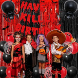 Have A Killer Birthday Decorations, Black Red Halloween Birthday Glitter Banner, Balloons, Blood Knife Cake Toppers For Halloween Decorations Supplies, Horror Backdrop Party Decor