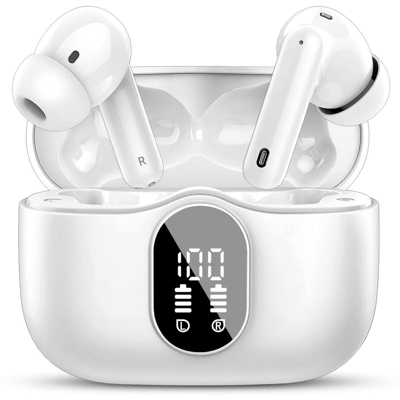 Wireless Earbuds Bluetooth 5.3, Bass, Noise Cancelling, LED, 36H, IP7, White