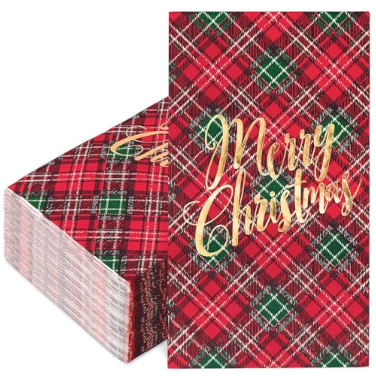100Pcs Christmas Guest Napkin Red Green Plaid Disposable Paper Napkin Foil Gold Merry Christmas Dinner Hand Towel Napkin For Xmas Holiday Party Supplies