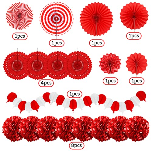 Red Party Decorations, Papar Fans Pompoms Fans Garlands for Birthday Bridal Baby Shower Wedding Graduation New Years Valentine's Day Party Decorations