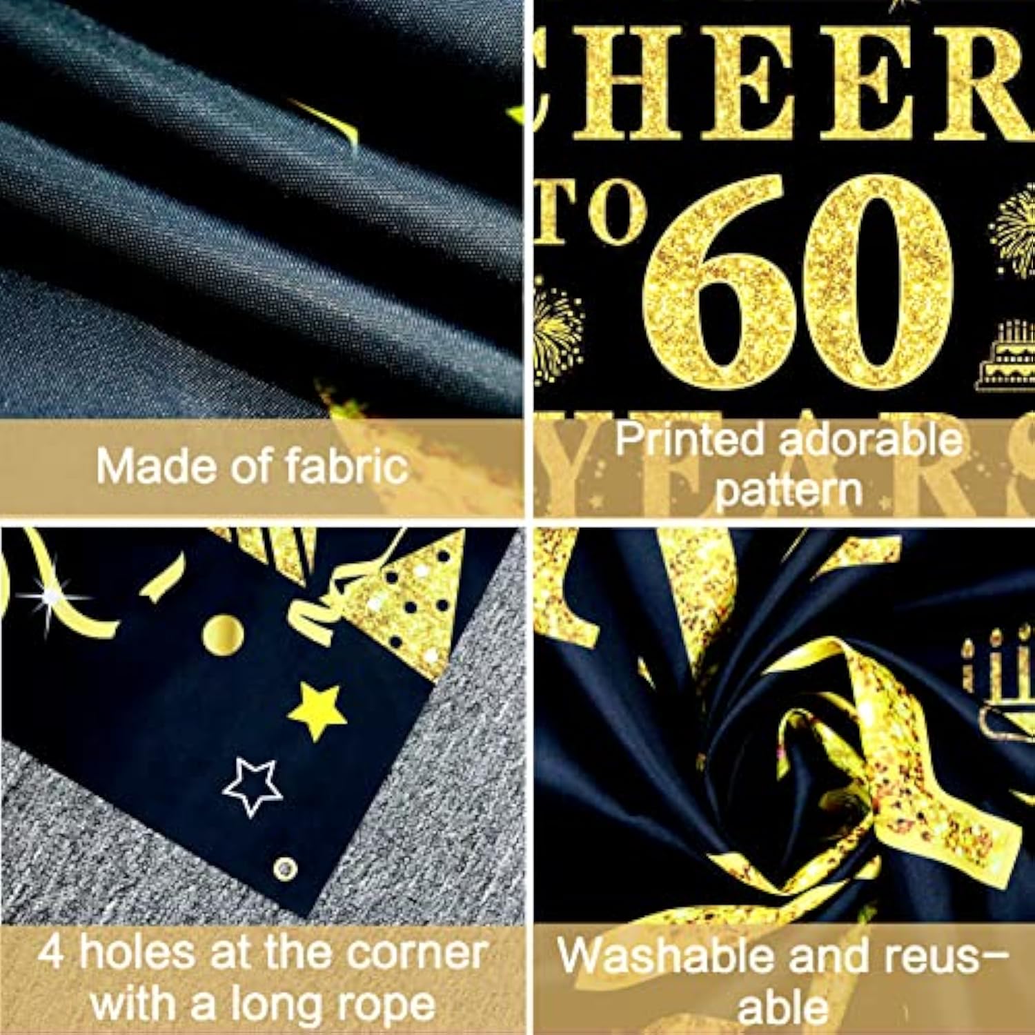 60Th Birthday/Anniversary/Wedding Decorations For Women Men, Cheers To 60 Years Banner, Black And Gold 60Th Birthday Backdrop, 60 Bday Decorations Party Banner Photography Supplies Background