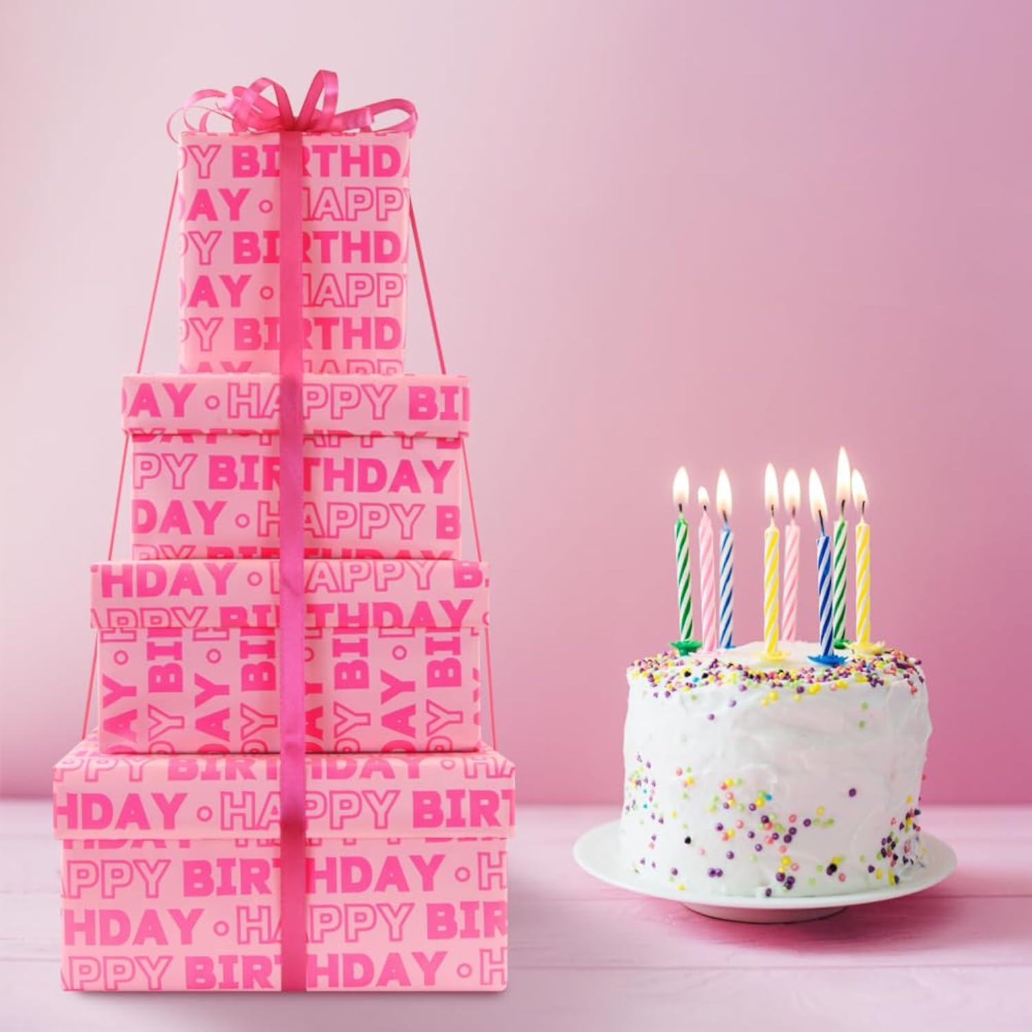 Pink Birthday Wrapping Paper Roll For Girls Kids Women, Pink Happy Birthday Wrapping Paper With Cut Lines On Reverse - 1 Mini Roll 17 X 10 Ft Per Roll - Gift Wrap For Birthdays, Holiday, Party