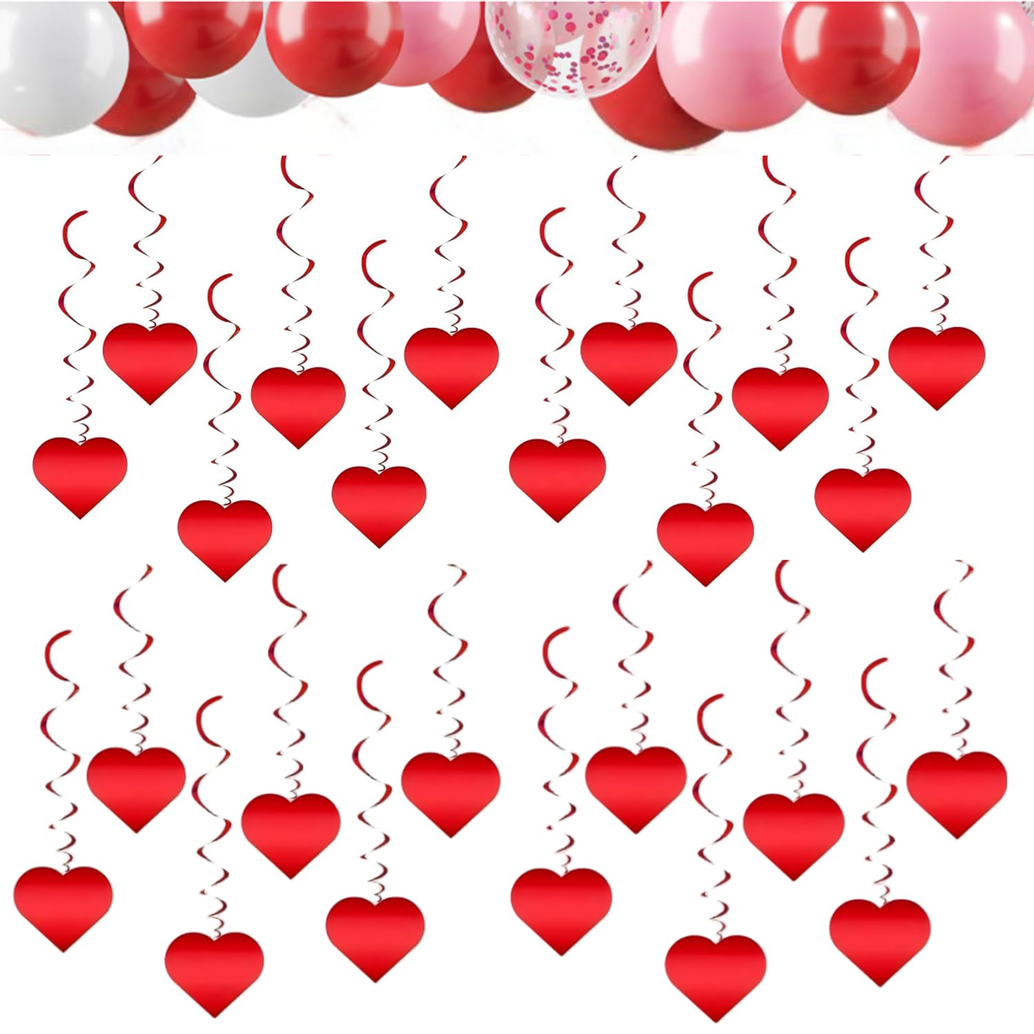 Heart-Shaped Hanging Streamers, 24-Pack - Red Foil Ceiling Decor For Valentine'S Day, Wedding & Party, Create Romantic Swirls & Heart Decorations
