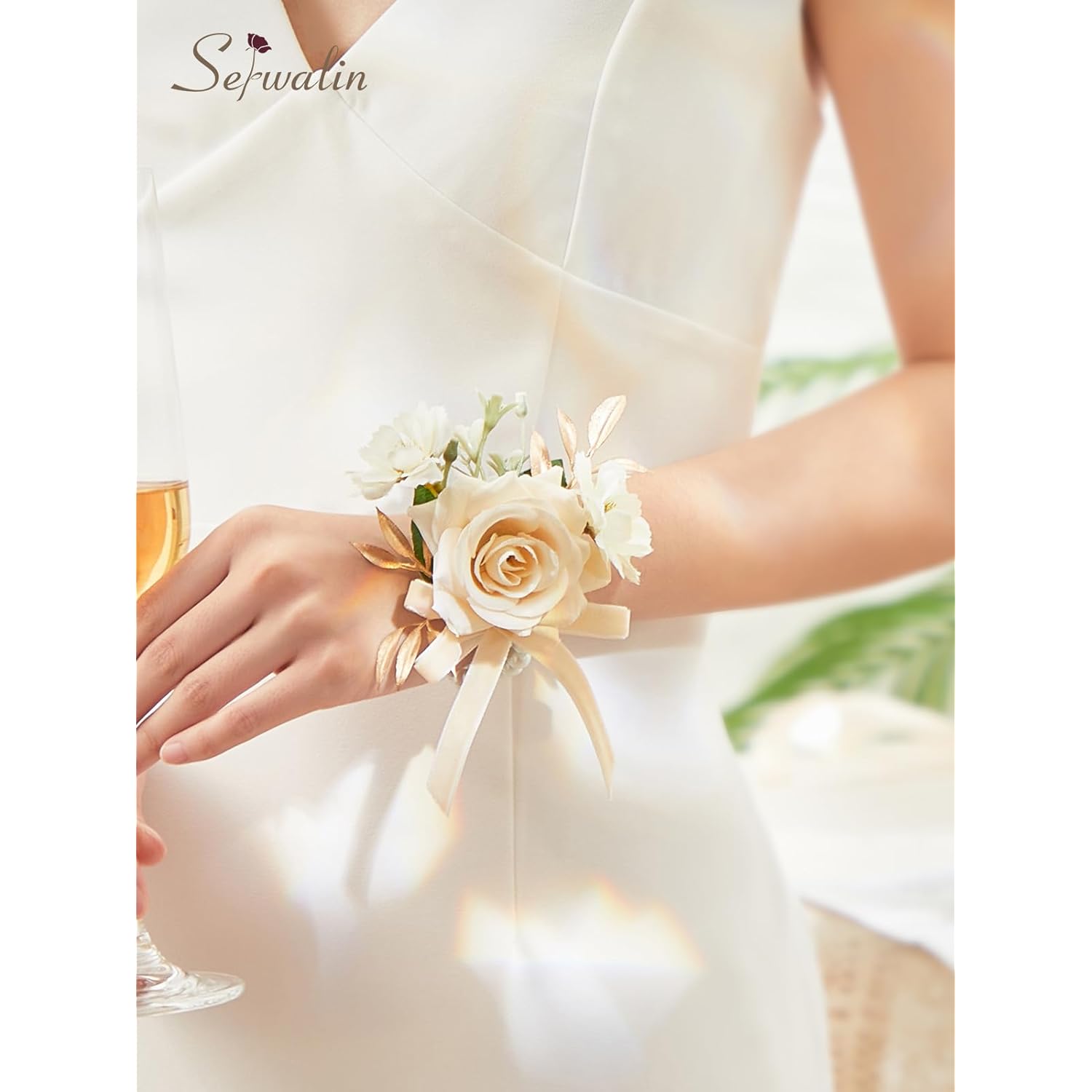 6Pcs Champagne Wrist Corsage For Wedding, Artificial Flowers Roses Wrist Corsage For Prom Homecoming Party Accessories For Bride Bridesmaids, Mother Of Bride And Groom