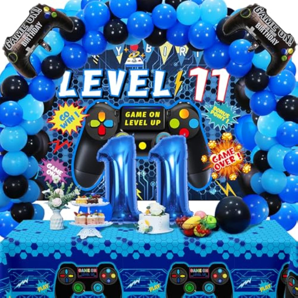 90Pcs Video Game Party Decorations For Boys Set Blue - 11Th Birthday Supplies - Video Game Backdrop, Balloons, Tablecloth, Gamer And Foil Balloons