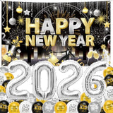 Gold Black New Year 2026 Backdrop with Silver Balloons Party Decorations