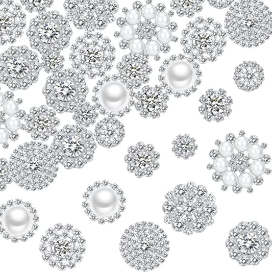 50 Pcs Faux Pearl Buttons Rhinestones Embellishments Retro Flatback Rh