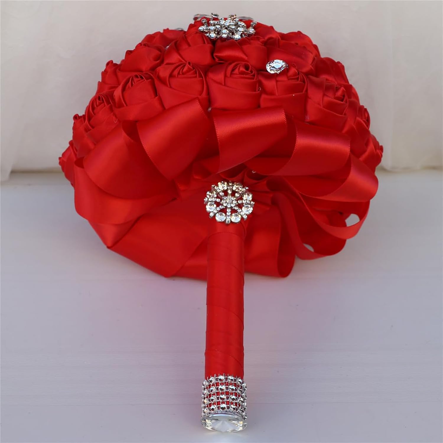 Handmade Rhinestone Brooch Satin Bridal Bouquet,Crystal Wedding Round Tossing Bouquet Mini,Artificial Flower Bunch With Diamond Pearl Ribbon 5.9"(95#Red)
