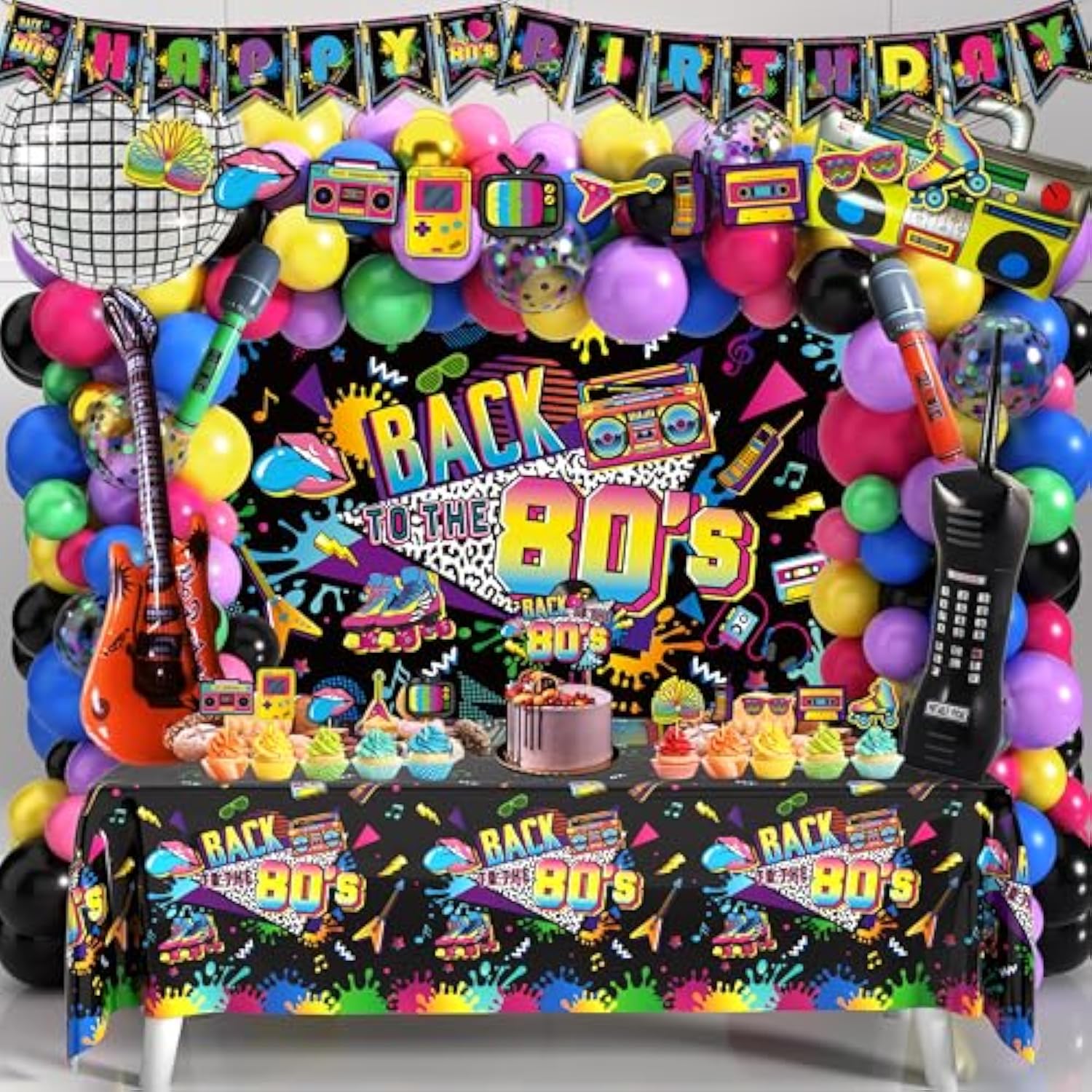 80S Party Decorations 90S Theme Birthday Party Decorations 80S Party Supplies With Back To The 80'S Backdrop Tablecloth Happy Birthday Bannner Radio Boombox And Mobile Phone Balloon Arch Kit