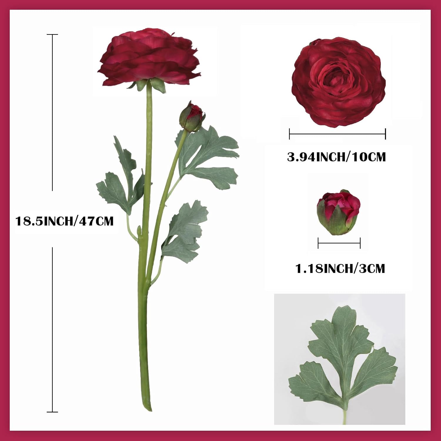 Dark Red Ranunculus Artificial Flowers 6Pcs Real Touch Ranunculus Flowers Fake Peonies Artificial Flowers For Diy Wedding Bouquet Party Table Home Decor(Dark Red)