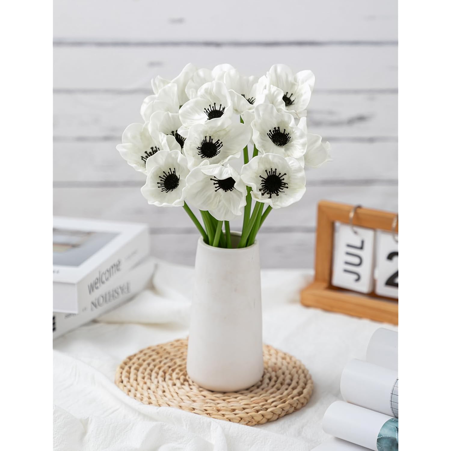 Artificial White Flower, 12 Pcs Black And White Flowers, 11 Inch Silk Anemone Flower, Stems Pu Real Touch Fake Flowers In White With Black Center For Wedding Memorial Day Centerpiece Home Kitchen